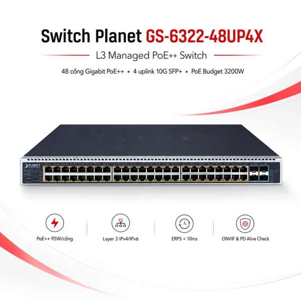 Switch Planet GS-6322-48UP4X Layer 3 48 cổng 10/100/1000T 802.3bt PoE + 4 cổng 10G SFP+