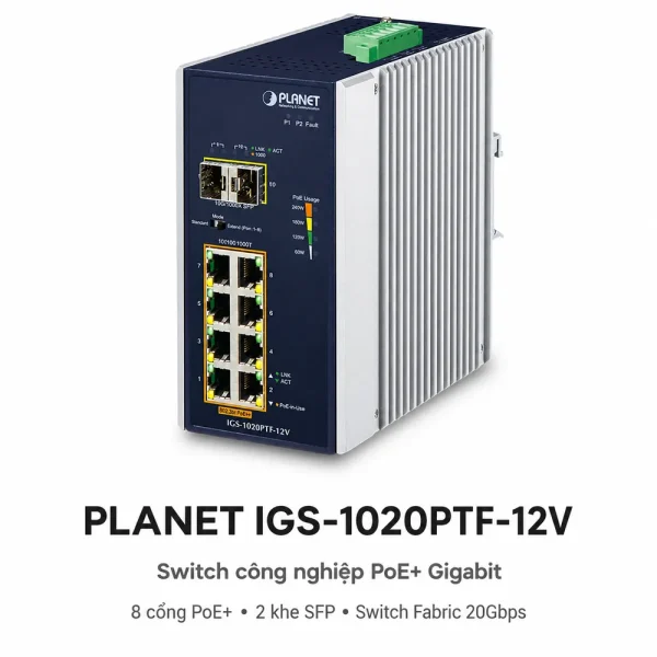 Switch Planet IGS-1020PTF-12V 8x1G 802.3at PoE + 2x1G SFP