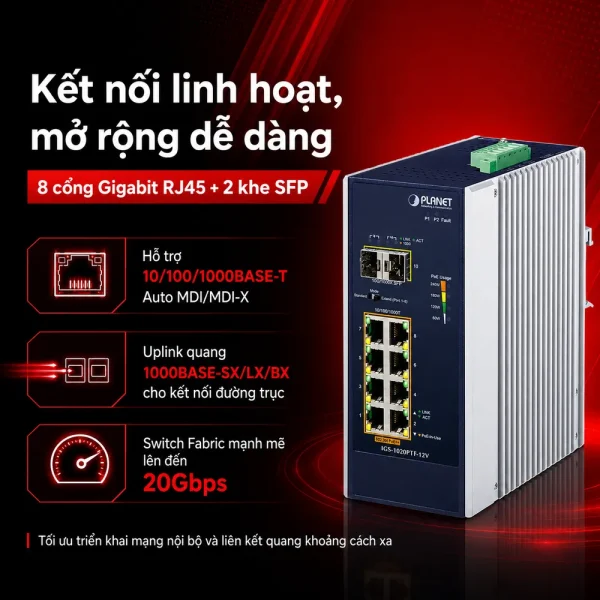 Switch Planet IGS-1020PTF-12V 8x1G 802.3at PoE + 2x1G SFP