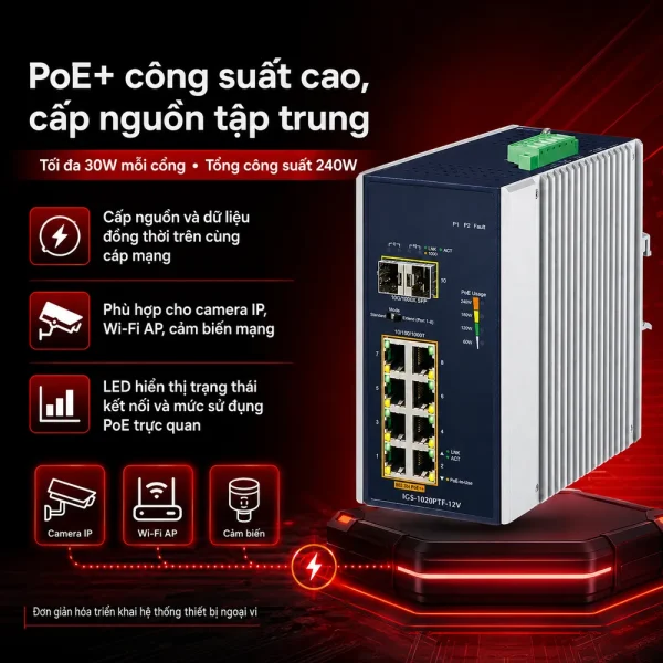 Switch Planet IGS-1020PTF-12V 8x1G 802.3at PoE + 2x1G SFP