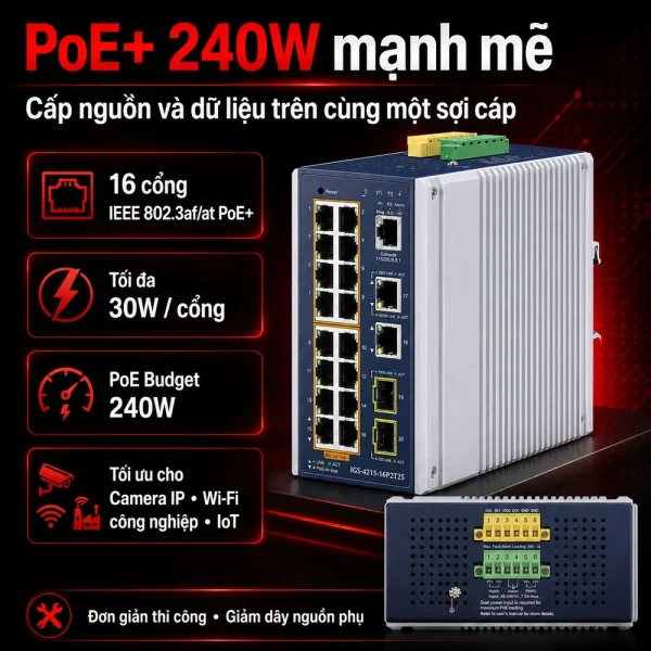 Switch Planet IGS-4215-16P2T2S 16x1G/PoE+ 2x1G RJ45 + 2x1G SFP