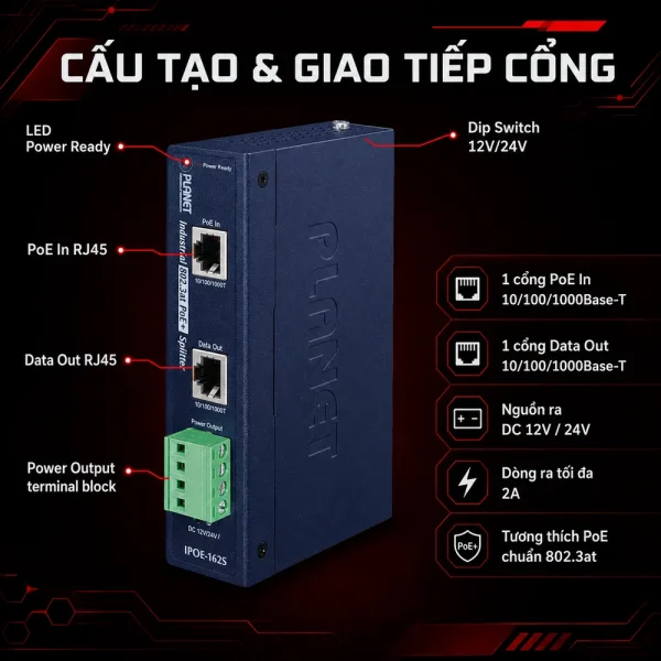 Switch Planet IPOE-162S 802.3at Gigabit công nghiệp
