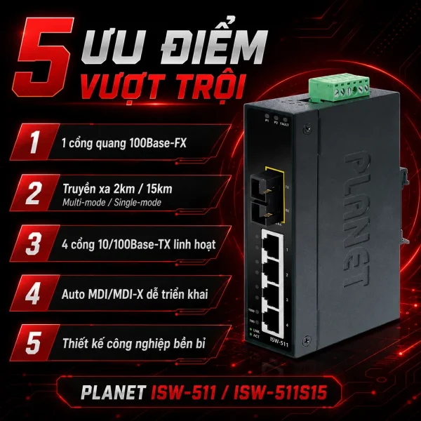 Switch Planet ISW-511/ISW-511S15 4×10/100Base-TX + 1x100Base-FX