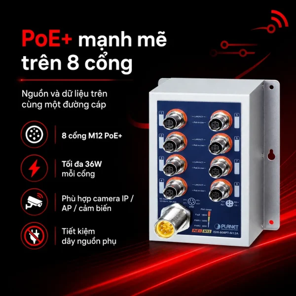 Switch Planet ISW-808PT-M12A 8 cổng 10/100TX M12 802.3at PoE+