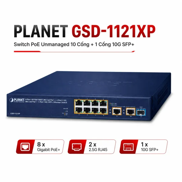 Switch POE Planet GSD-1121XP – 8PoE GE + 2SFP+, 120W