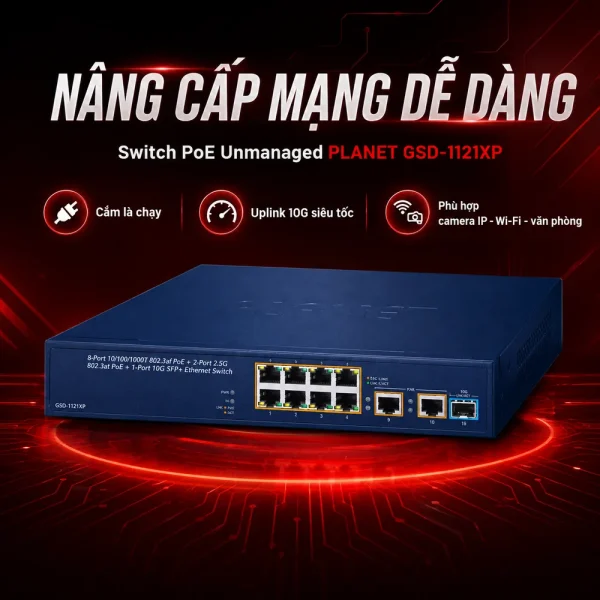 Switch POE Planet GSD-1121XP – 8PoE GE + 2SFP+, 120W