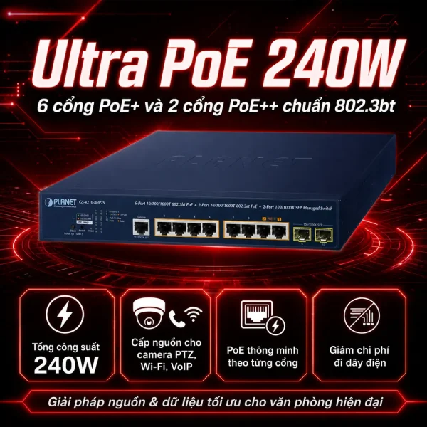 Switch quản lý PLANET GS-4210-8HP2S 2x1G 802.3bt PoE