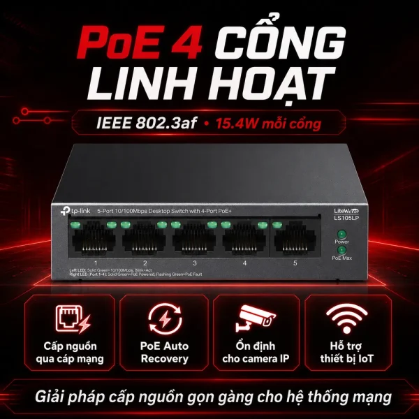 TL-SG105 Switch TP-LINK Để Bàn 5 Cổng 10/100Mbps với 4 Cổng PoE