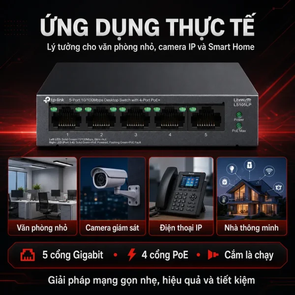 TL-SG105 Switch TP-LINK Để Bàn 5 Cổng 10/100Mbps với 4 Cổng PoE