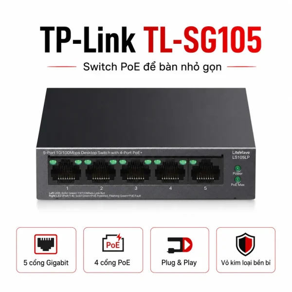 TL-SG105 Switch TP-LINK Để Bàn 5 Cổng 10/100Mbps với 4 Cổng PoE