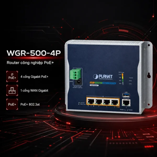WGR-500-4P Router công nghiệp với 4 cổng Gigabit 802.3at PoE+