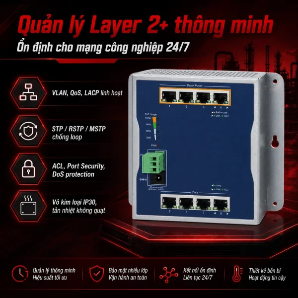 WGS-804HPT Switch công nghiệp L2+ 8x1G với 4 cổng PoE+