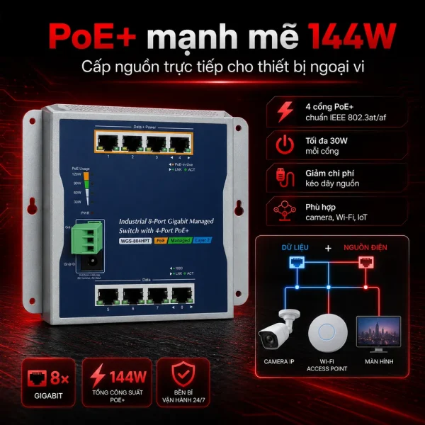 WGS-804HPT Switch công nghiệp L2+ 8x1G với 4 cổng PoE+