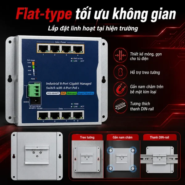 WGS-804HPT Switch công nghiệp L2+ 8x1G với 4 cổng PoE+