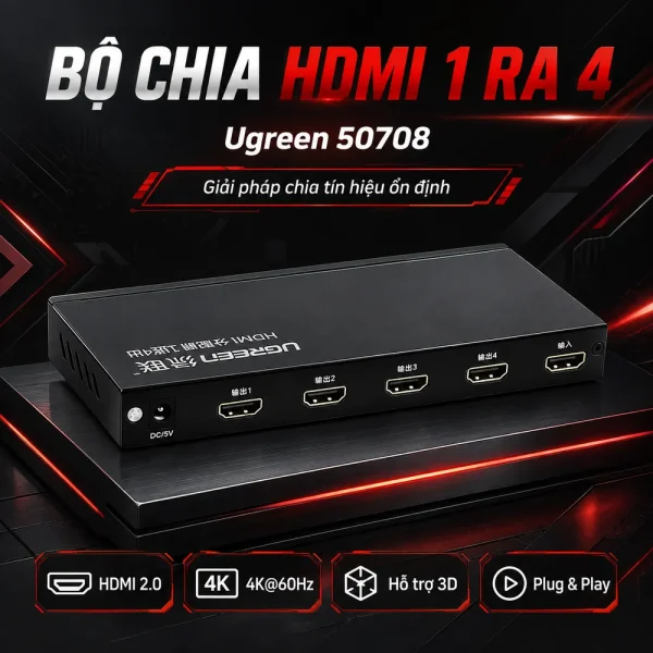 Bộ chia HDMI 1 ra 4 HDMI 50708 hỗ trợ 3D 4Kx2K@60Hz chính hãng Ugreen