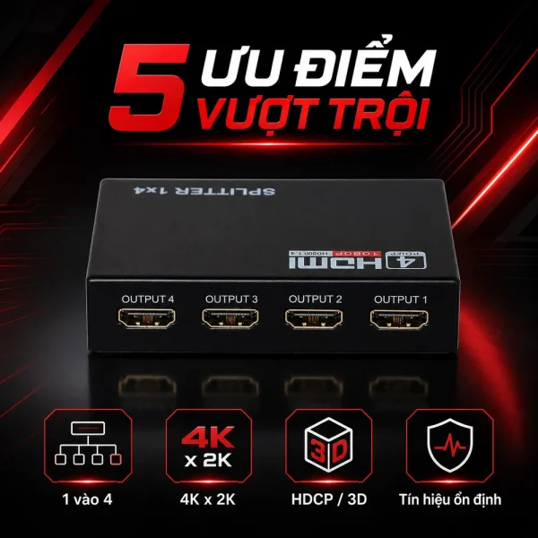 Bộ chia HDMI splitter 1 ra 4 hỗ trợ 4K x 2K, HDCP, 3D