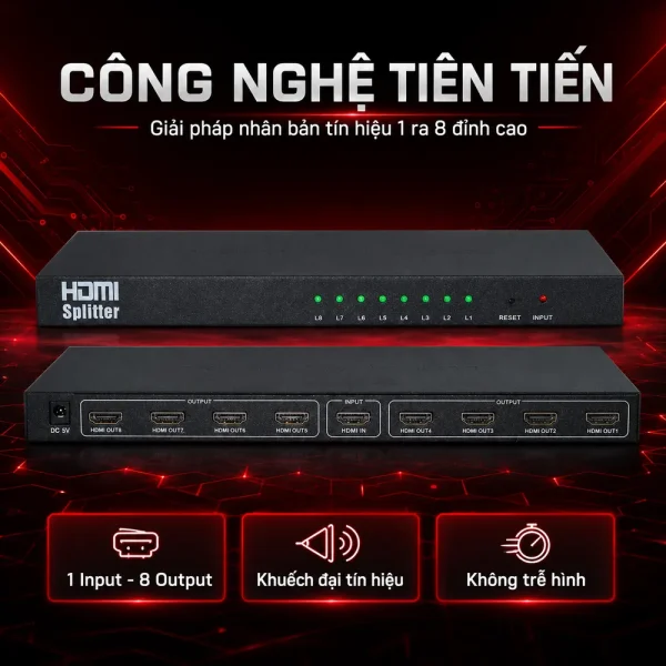 Bộ chia HDMI splitter 1 ra 8 hỗ trợ 3D chuẩn 2k 4k