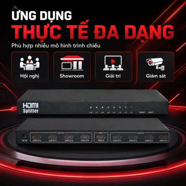 Bộ chia HDMI splitter 1 ra 8 hỗ trợ 3D chuẩn 2k 4k