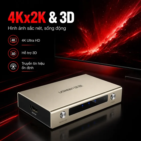 Bộ gộp HDMI 3 vào 1 ra hỗ trợ 3D 4K Ugreen cao cấp 40278