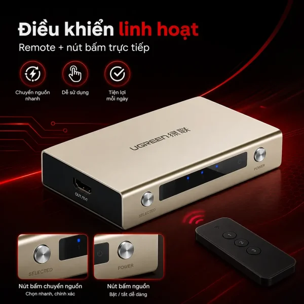 Bộ gộp HDMI 3 vào 1 ra hỗ trợ 3D 4K Ugreen cao cấp 40278