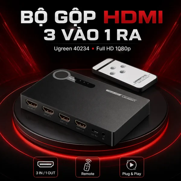 Bộ gộp HDMI 3 vào 1 ra Ugreen 40234