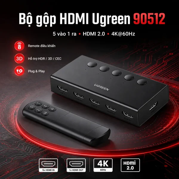 Bộ gộp HDMI Ugreen 90512 vào 1 ra chuẩn 2.0 hỗ trợ 4K@60Hz