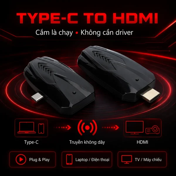 Bộ mở rộng HDMI HDTEC Wireless Type C to HDMI 150 Mét