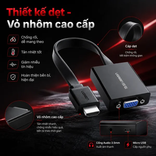 Cáp chuyển đổi HDMI to VGA dẹt có Audio Ugreen PN: 40248