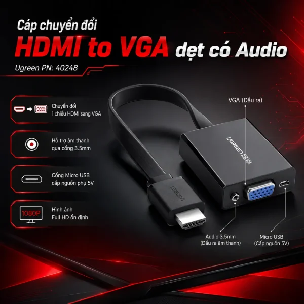 Cáp chuyển đổi HDMI to VGA dẹt có Audio Ugreen PN: 40248