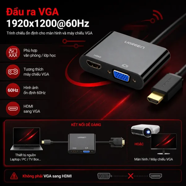Cáp chuyển đổi HDMI to VGA & HDMI chính hãng Ugreen PN: 40744