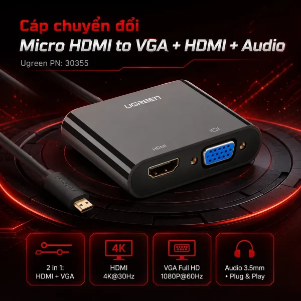 Cáp chuyển đổi Micro HDMI to VGA và HDMI + Audio Ugreen PN: 30355