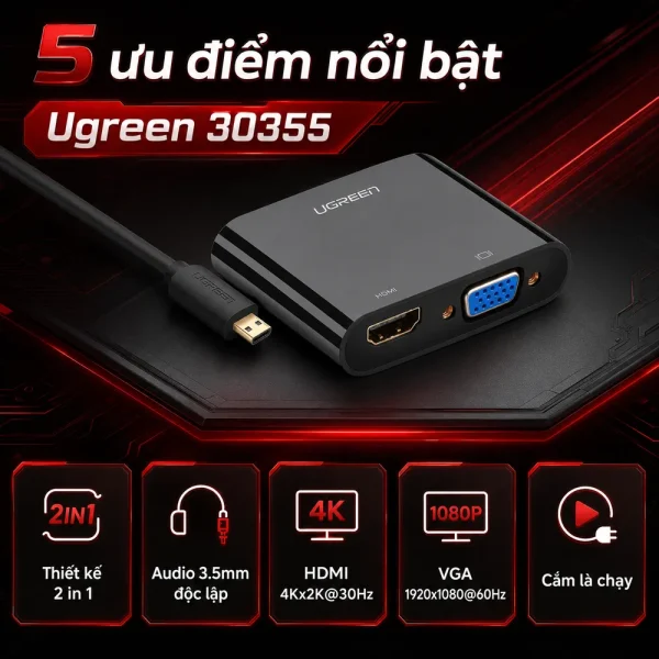 Cáp chuyển đổi Micro HDMI to VGA và HDMI + Audio Ugreen PN: 30355