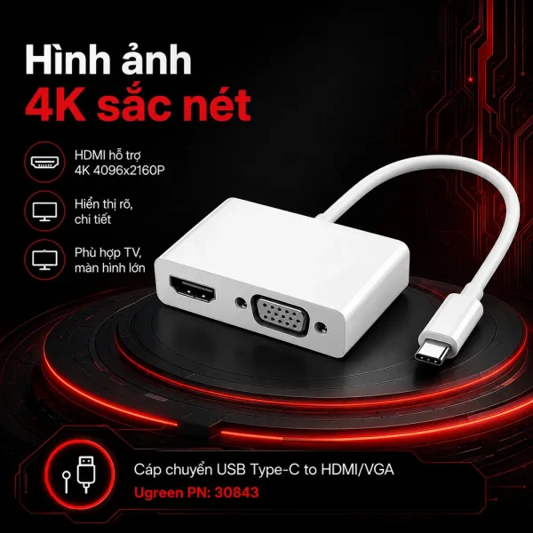 Cáp chuyển đổi USB type C to HDMI/VGA Ugreen 30843