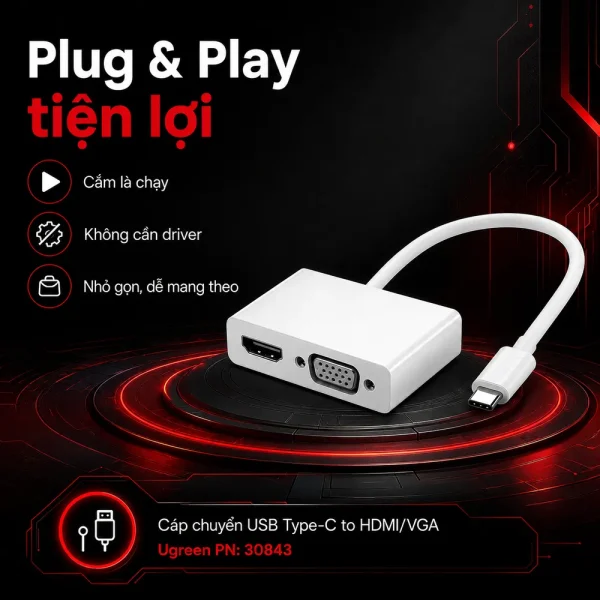 Cáp chuyển đổi USB type C to HDMI/VGA Ugreen 30843