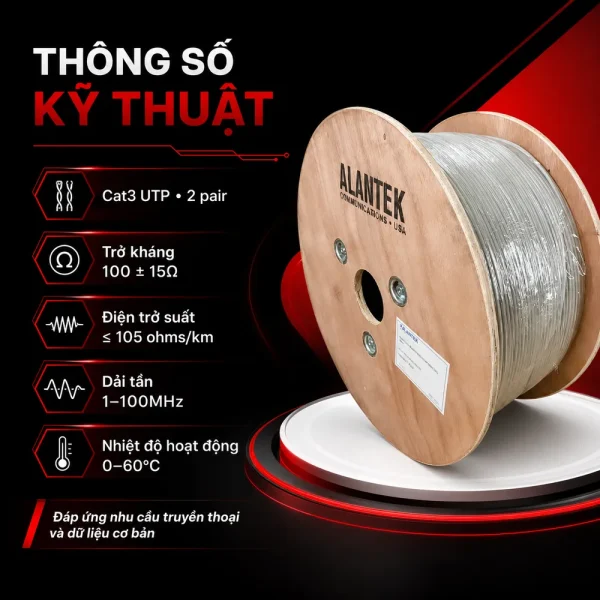Cáp điện thoại Alantek Cat3 UTP 2 pair 301-100023-05GY
