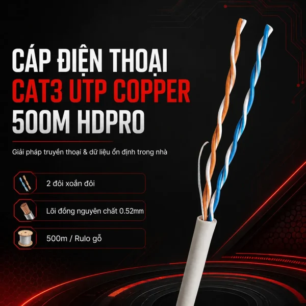 Cáp điện thoại Cat3 UTP Copper 500M HDPRO