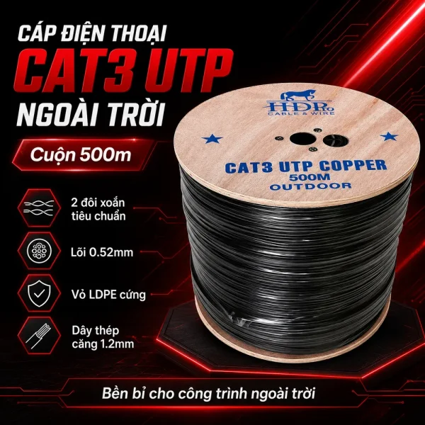 Cáp điện thoại Cat3 UTP ngoài trời 500M HDpro
