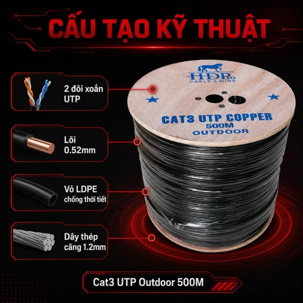 Cáp điện thoại Cat3 UTP ngoài trời 500M HDpro