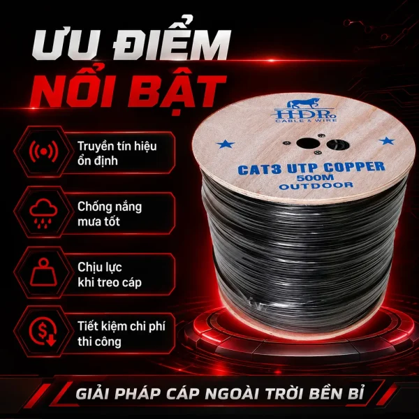 Cáp điện thoại Cat3 UTP ngoài trời 500M HDpro