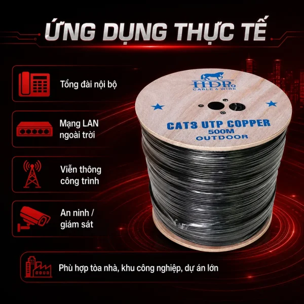 Cáp điện thoại Cat3 UTP ngoài trời 500M HDpro