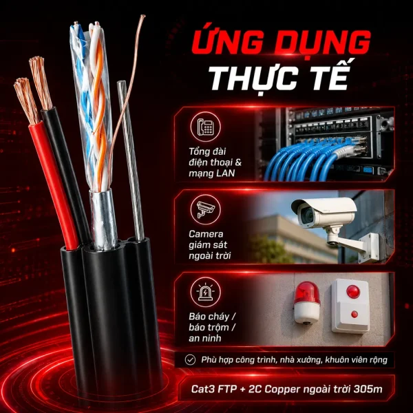Cáp điện thoại liền nguồn Cat3 FTP + 2C Copper ngoài trời 305m