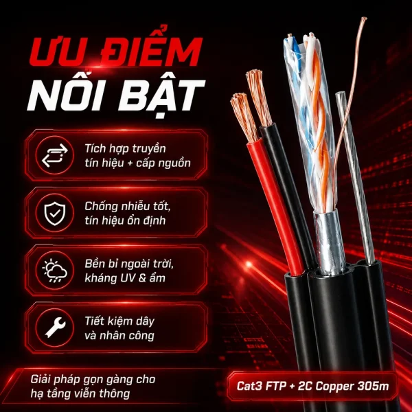Cáp điện thoại liền nguồn Cat3 FTP + 2C Copper ngoài trời 305m