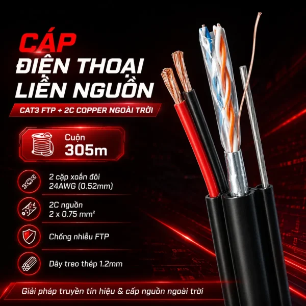 Cáp điện thoại liền nguồn Cat3 FTP + 2C Copper ngoài trời 305m
