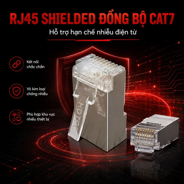 Hạt Mạng Cat7 HDTEC Chống Nhiễu – Đầu RJ45 Shielded Cao Cấp Cho Mạng 10Gbps
