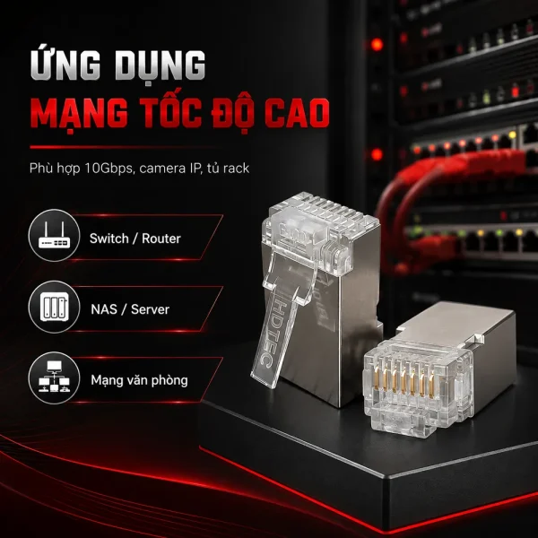 Hạt Mạng Cat7 HDTEC Chống Nhiễu – Đầu RJ45 Shielded Cao Cấp Cho Mạng 10Gbps