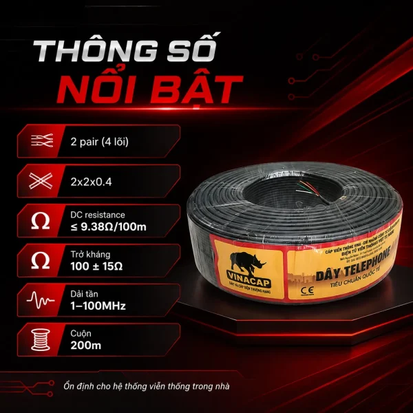 Dây điện thoại 2 đôi – 2 pair (4 lõi 2x2x0.4) Vinacap