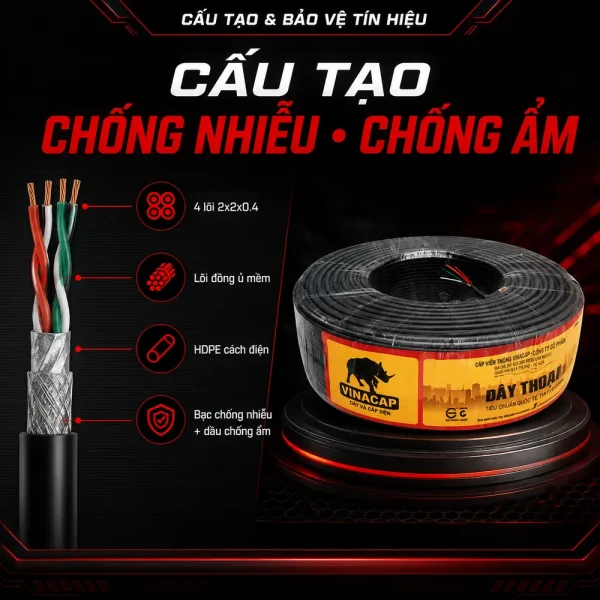 Dây điện thoại 2 đôi – 2 pair (4 lõi 2x2x0.4) Vinacap