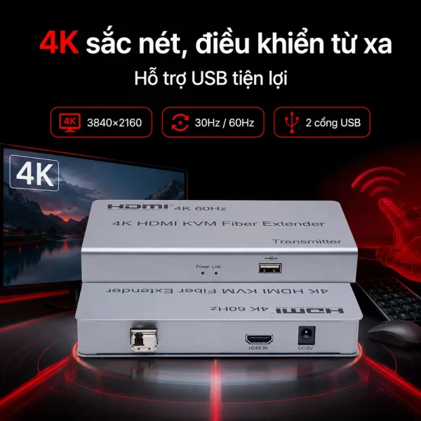 HDTEC HDMI CONVERTER 4K (Kéo dài HDMI + USB bằng Cáp Quang)