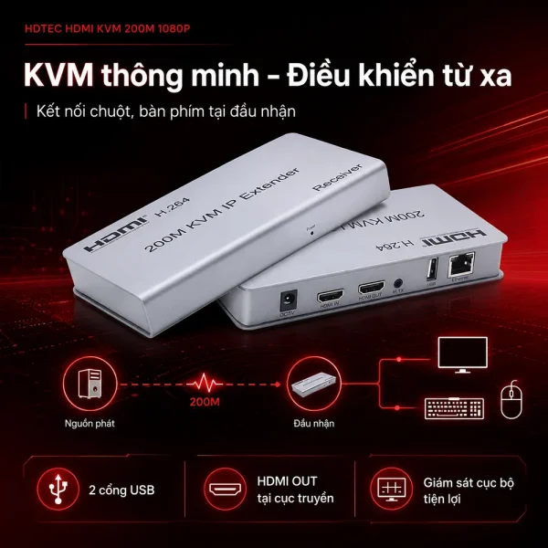 HDTEC HDMI KVM 200M 1080P (Tích hợp chia 2 HDMI)
