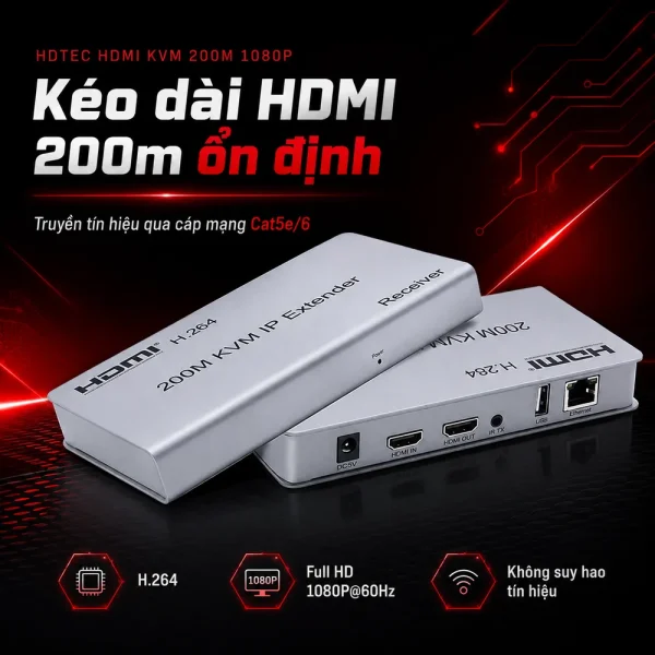 HDTEC HDMI KVM 200M 1080P (Tích hợp chia 2 HDMI)